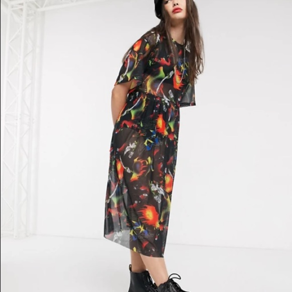 ASOS Mesh Midi Smock Dress in Fire Comic Print